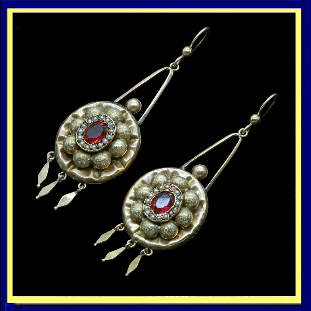 Antique Earrings Gold Pearls Filigree Granulation Etruscan Classic Revival (7226)